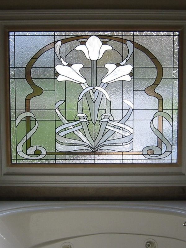glass accents ironwork bathroom stained glass window