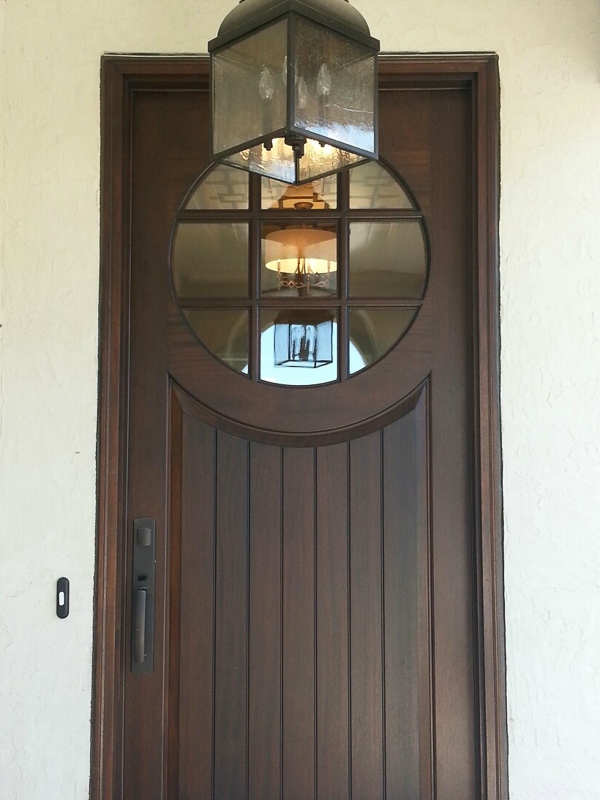 mahogany door round glass vgroove plank