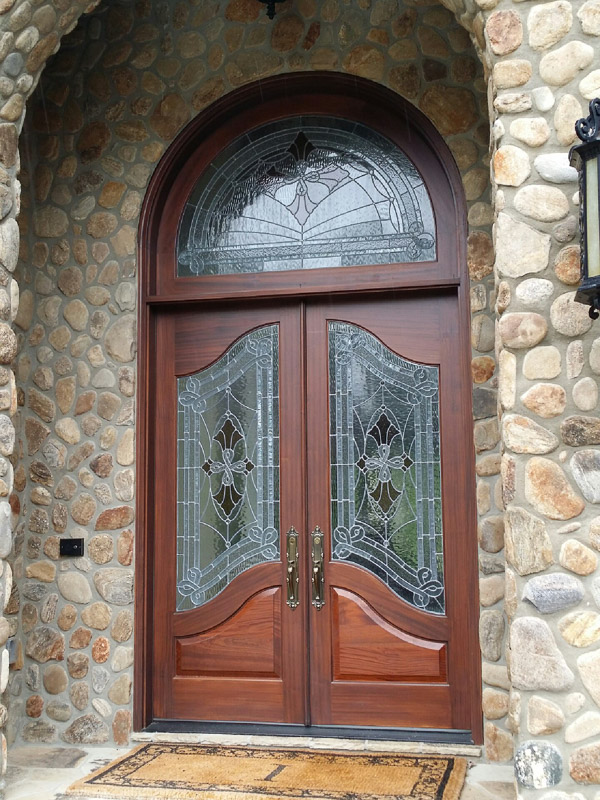 mahgony wood double entry door half round transom custom stained glass