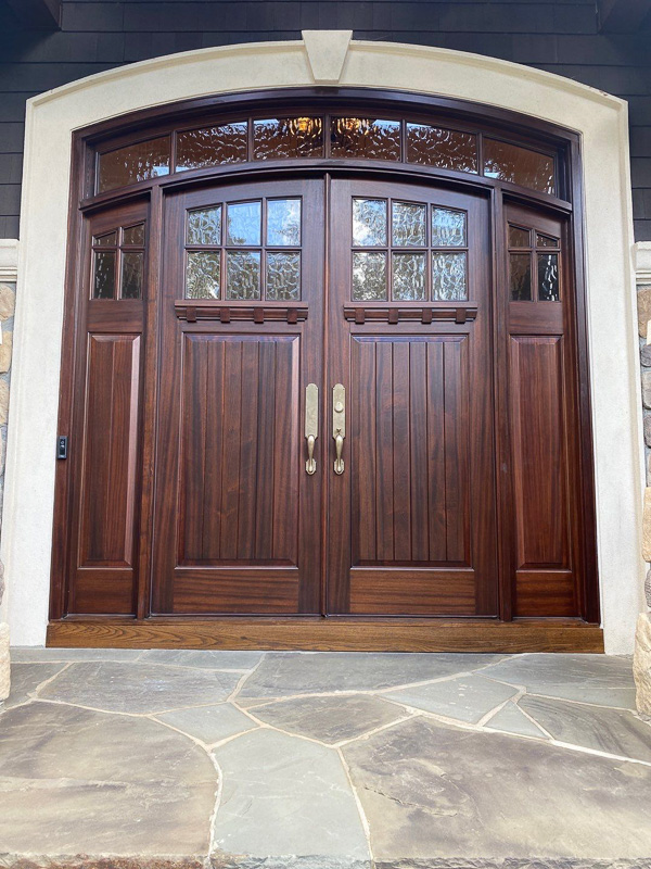 custom arch double front door mahogany wood flemish glass