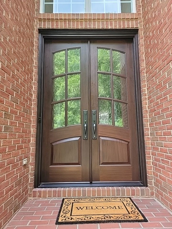 double mahogany entry door wood flemish glass