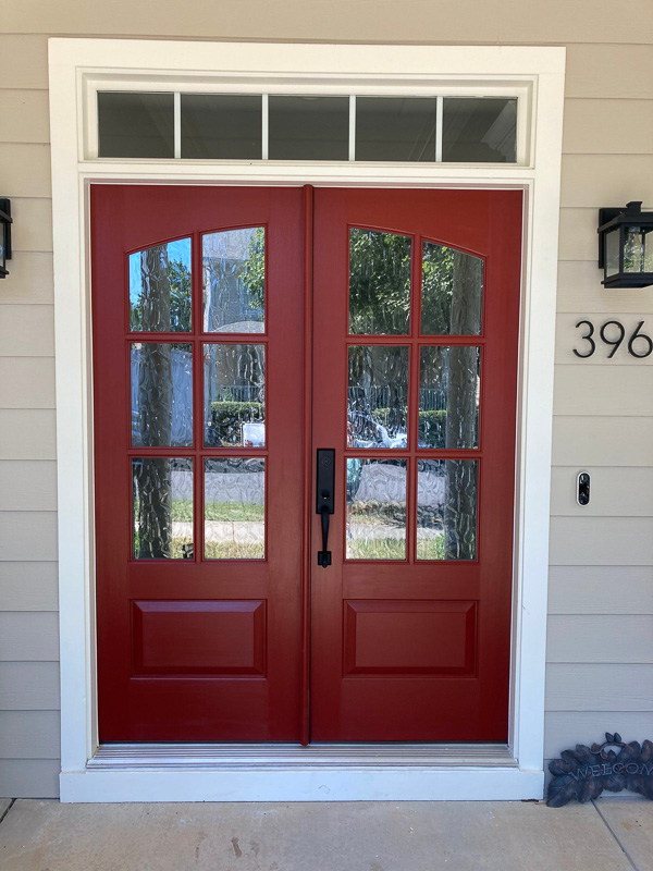 custom mahgoany wood double door flemish glass red