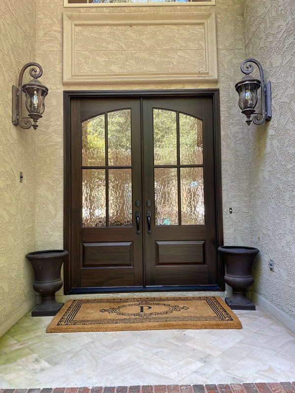 mahogany double wood entry door flemish glass