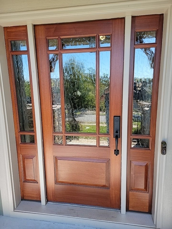 mahgoany entry door sidelights flemish glass wood