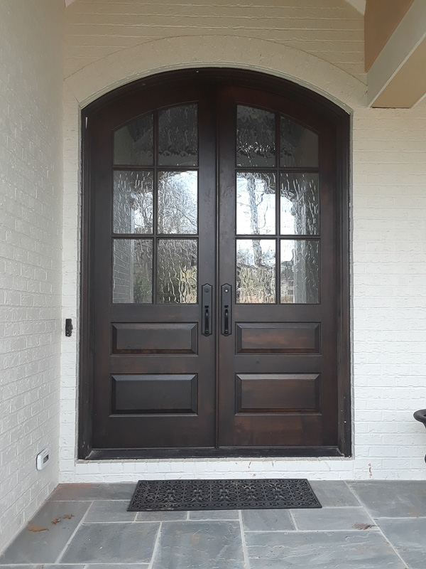 mahogany wood arch double front entry door flemish glass baldwin reserve hardware
