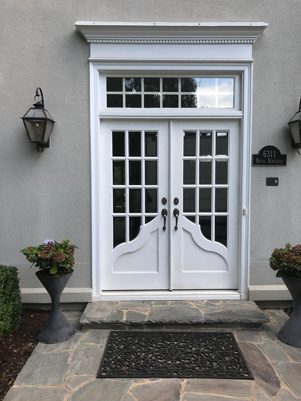 mahogany wood double front door clear glass white paint