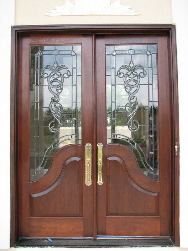 mahogany wood double door custom leaded beveled glass serpentine